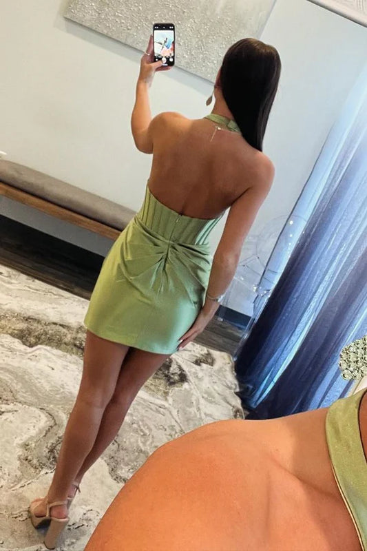 DingJiDress Homecoming Dress Sage Green Halter Pleated Bodycon with Backless