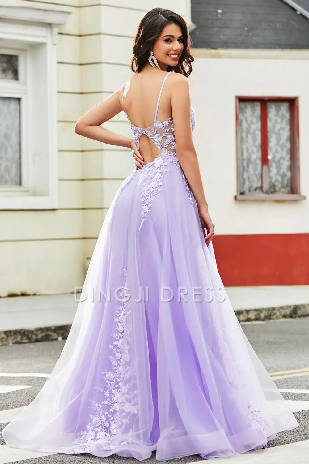 DingJiDress High Quality Dress Evening Dress Gorgeous A Line V Neck Spaghetti Straps Backless Tulle Appliques Long Prom Dress