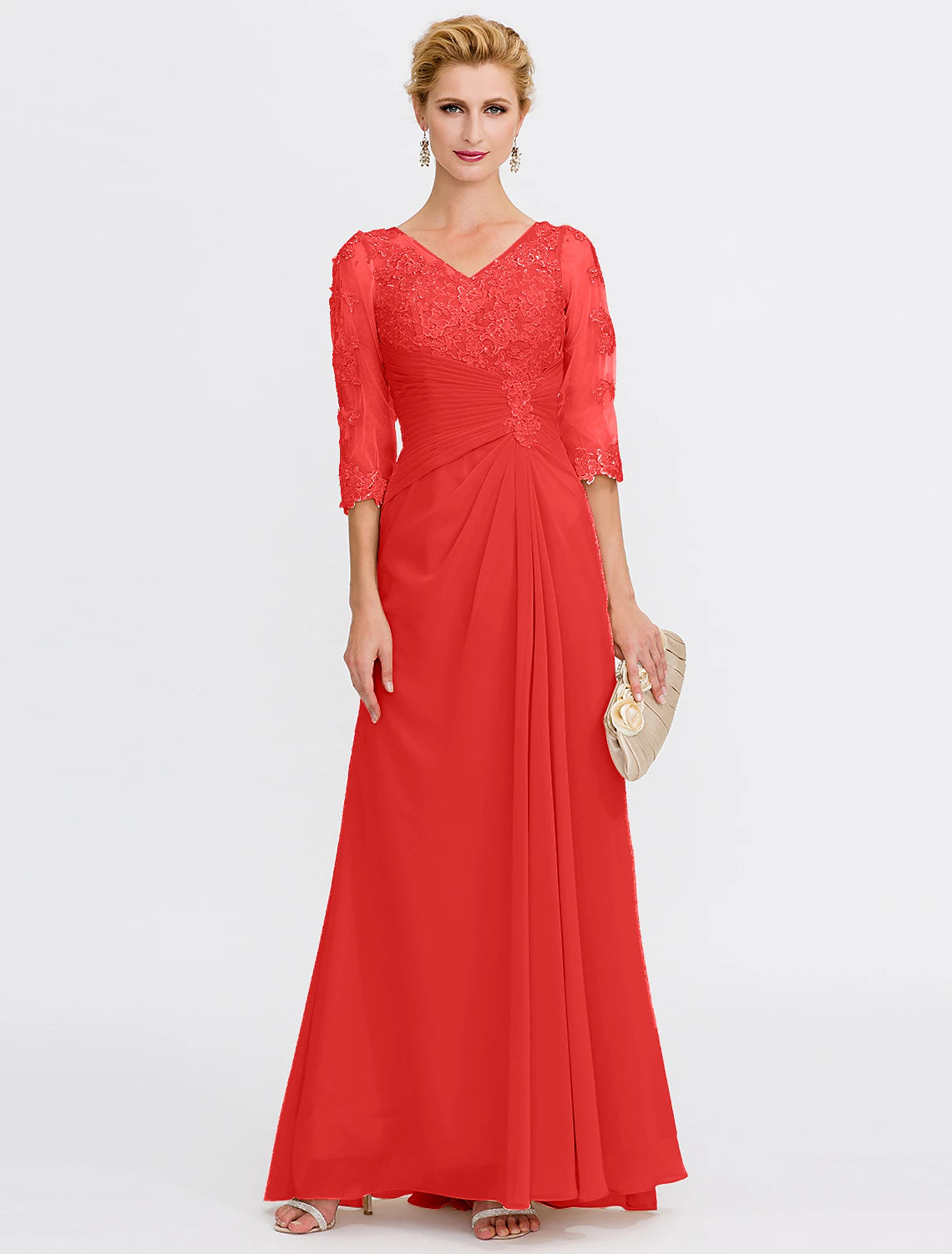 A-Line Mother of the Bride Dress Plus Size Elegant Through V Neck Floor Length Chiffon Half Sleeve with Appliques Side Draping