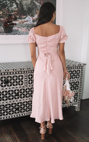 Sheath / Column Bridesmaid Dress V Neck Short Sleeve Pink Tea Length Stretch Chiffon with Ruching