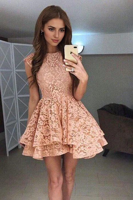 DingJiDress Short Prom Dress A-Line Round Neck Tiers Cute Lace Best Selling Homecoming Dress