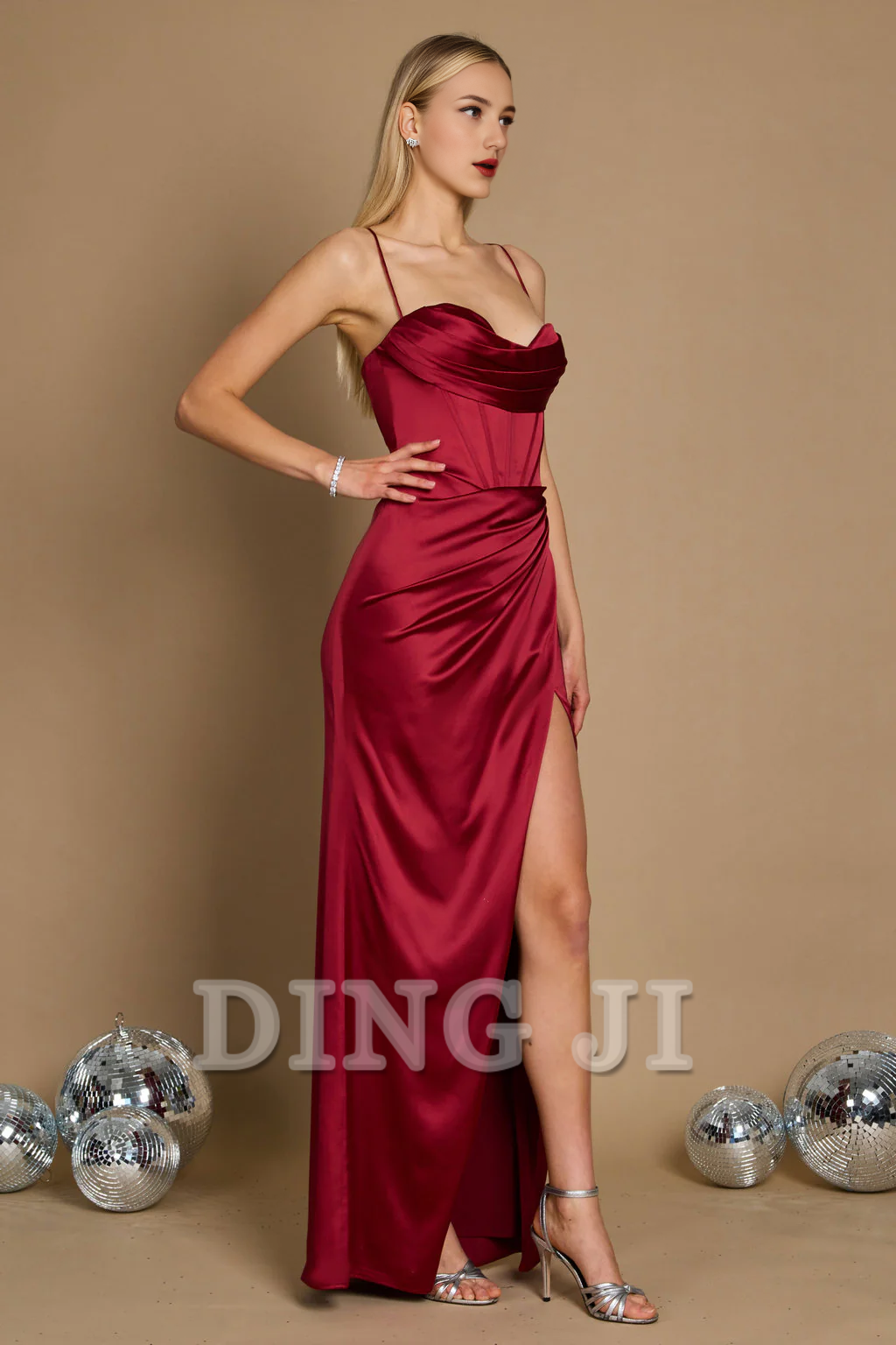 DingJiDress Bridesmaid Dresses Halter Draped Corset Cowl Backless Side Fork Charming Dresses Long Wedding Guests Dresses