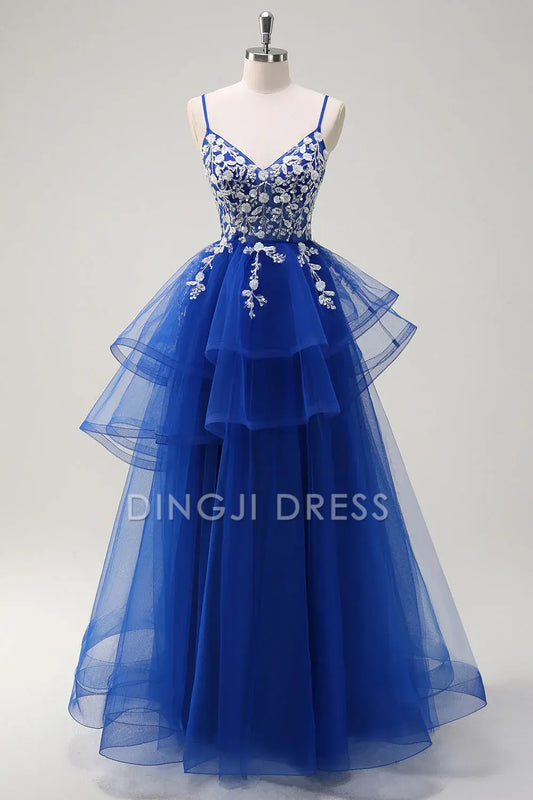 DingJiDress High Quality Dress Evening Dress Gorgeous A-Line V Neck Spaghetti Strap Tiered Long Sequins Appliqued Long Prom Dress