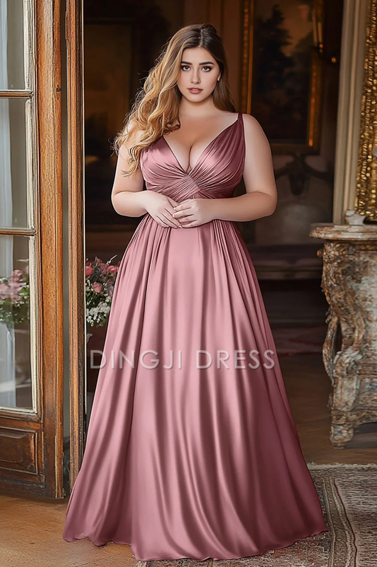 DingJiDress High Quality Dress Elegant A Line Deep V-Neck Ruched Satin Exquisite Long Prom Dress