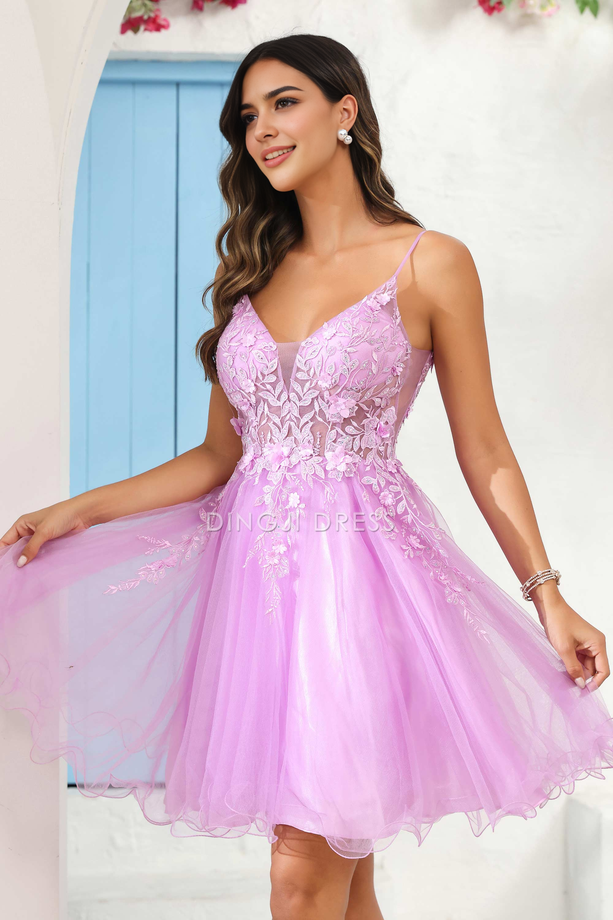 DingJiDress Hot Sale Homecoming Dress Exquisite A Line V Neck See-Through Applique Tulle Backless Mini Dress