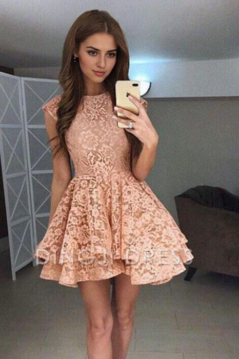 DingJiDress Short Prom Dress A-Line Round Neck Tiers Cute Lace Best Selling Homecoming Dress