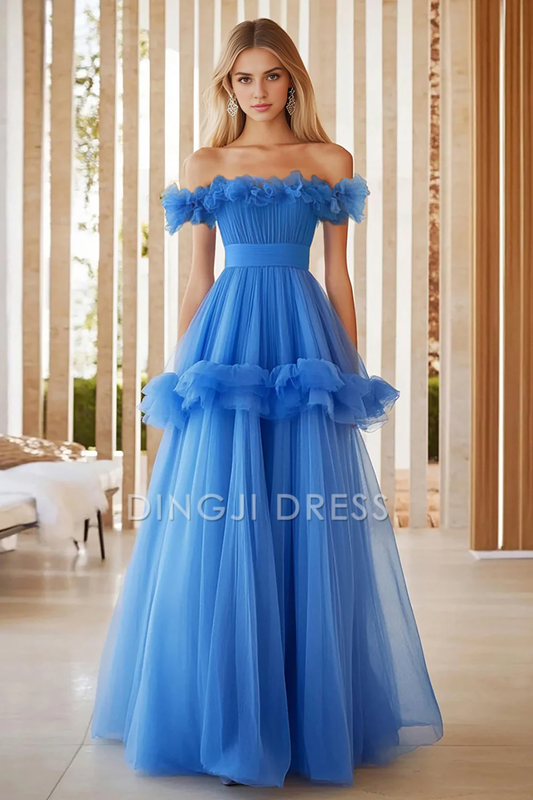 DingJiDress High Quality Dress Fashion A Line Off The Shoulder Tulle Ruffles Atmosphere Long Prom Dress