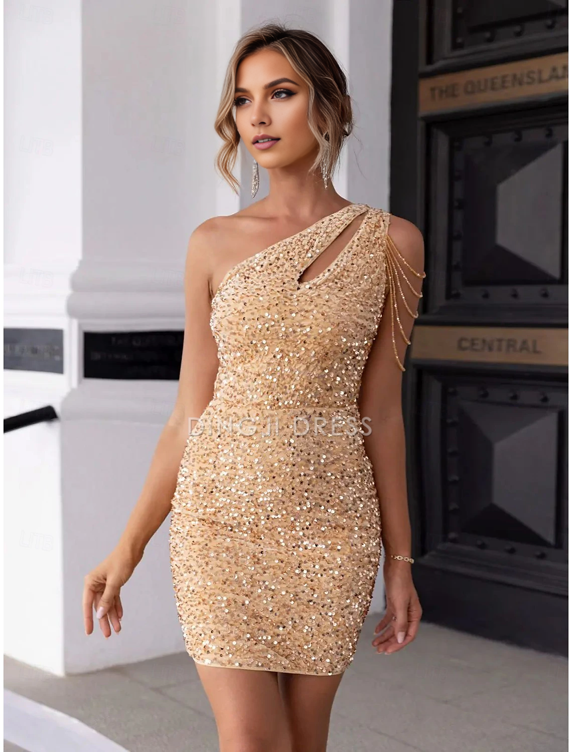 DingJiDress Hot Sale Short Prom Dress Charming A-Line Sequin Elegant Holiday Sleeveless Single Shoulder Sparkle New Homecoming Dress