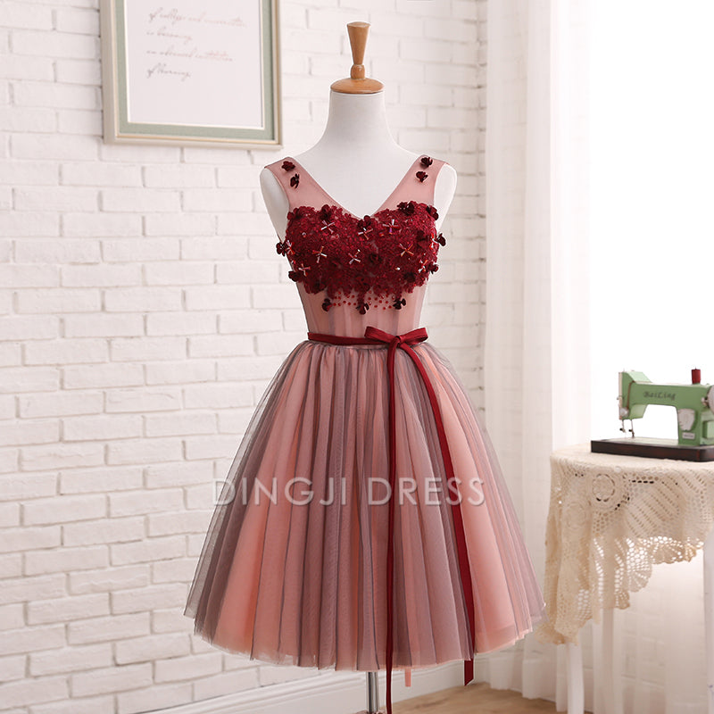 DingJiDress Short Prom Dress A Line V Neck Sleeveless Tulle Flowers Fashion Best Selling Homecoming Dress