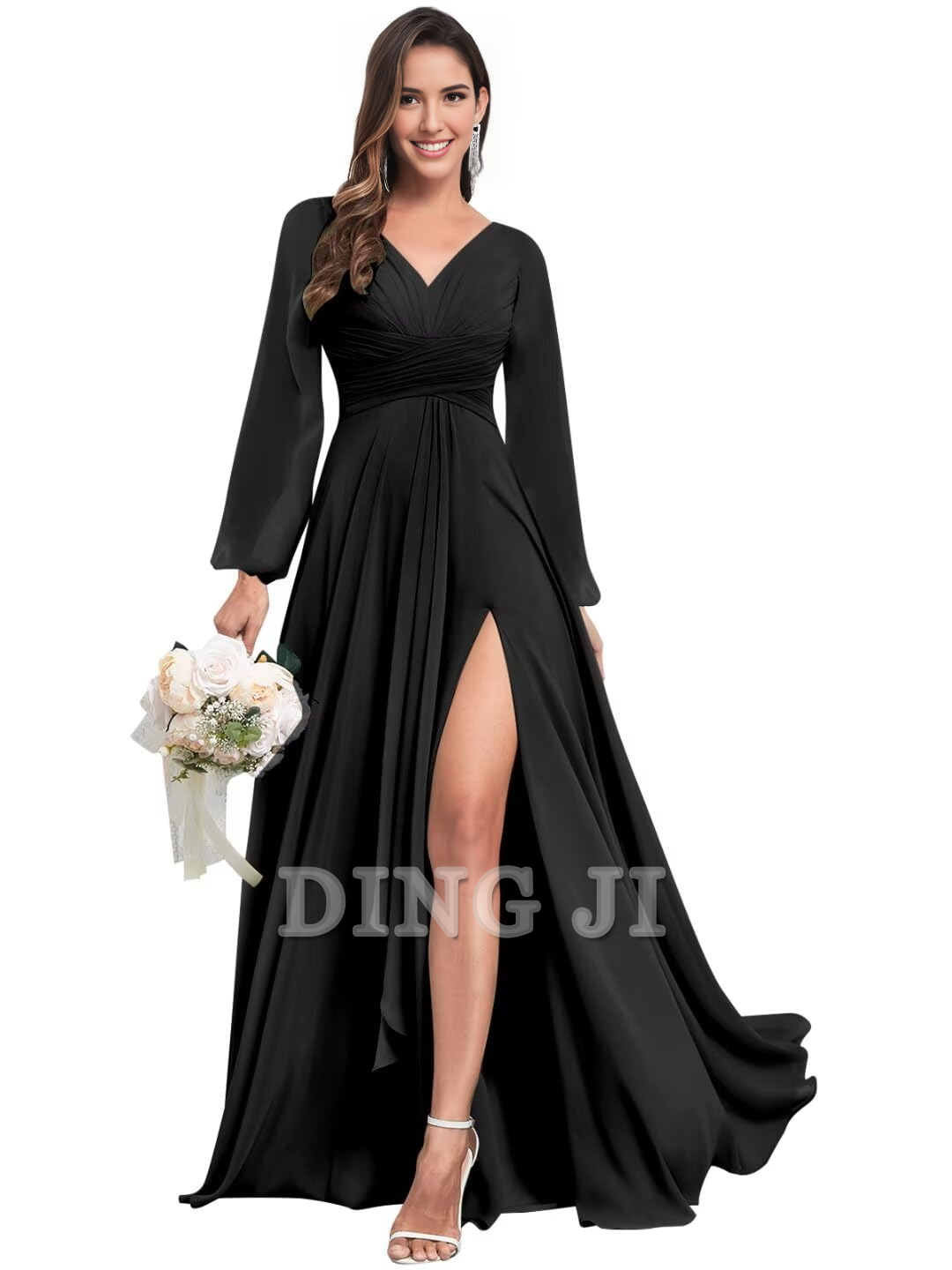 DingJiDress Bridesmaid Dresses Elegant Chiffon Long Sleeves V Neck Ruffle Side Fork Long Formal Wear Dresses