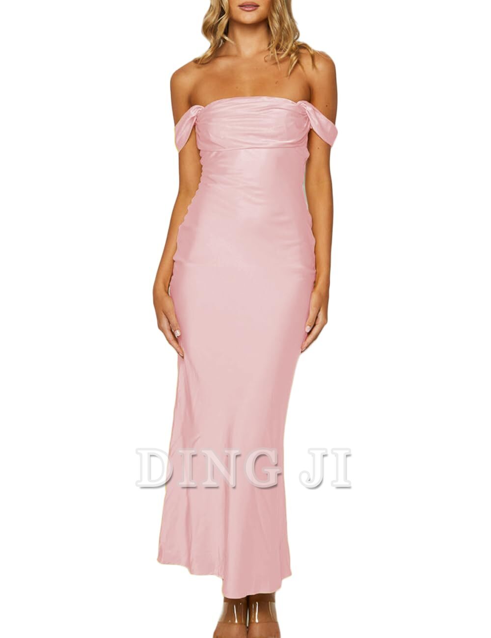 DingJiDress Bridesmaid Dresses Elegant Off The Shoulder Ruched Backless Maxi Dress Strapless Tube Sleeveless Fitted Formal Wear Dresses