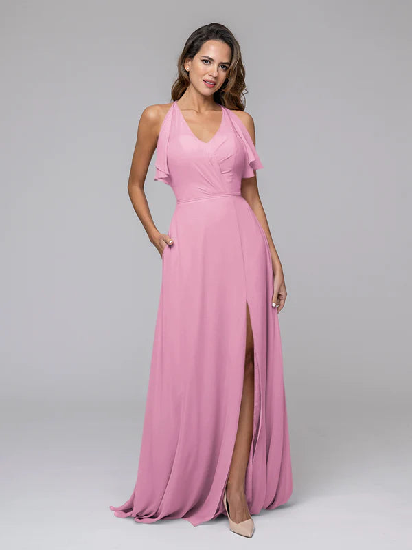 Ruffles V Neck Floor Length Chiffon Bridesmaid Dresses