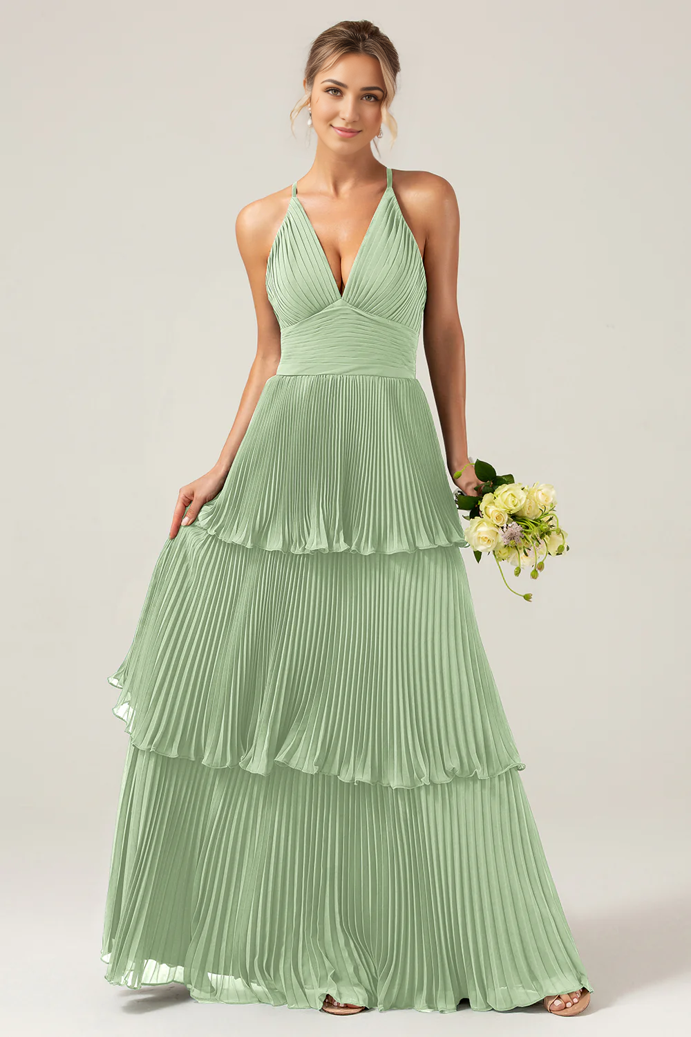 DingJiDress A-Line Wedding Guest Dresses Halter Tiered Floor Length Chiffon Long Bridesmaid Dress