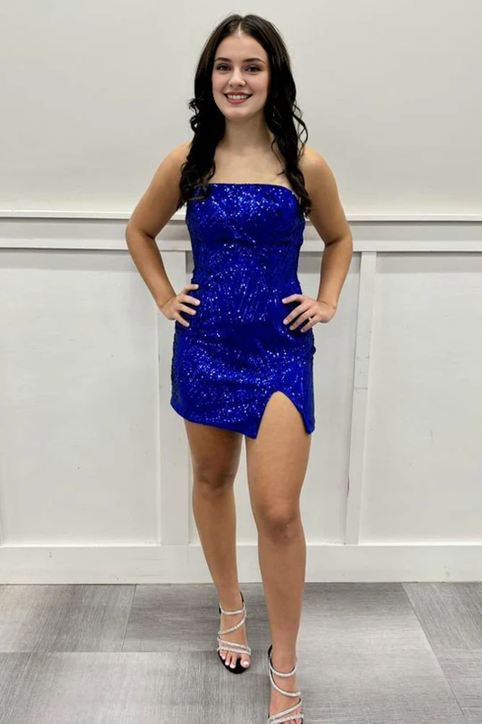 DingJiDress Homecoming Dress Royal Blue Strapless Tight Slit Short Graduation Dresses