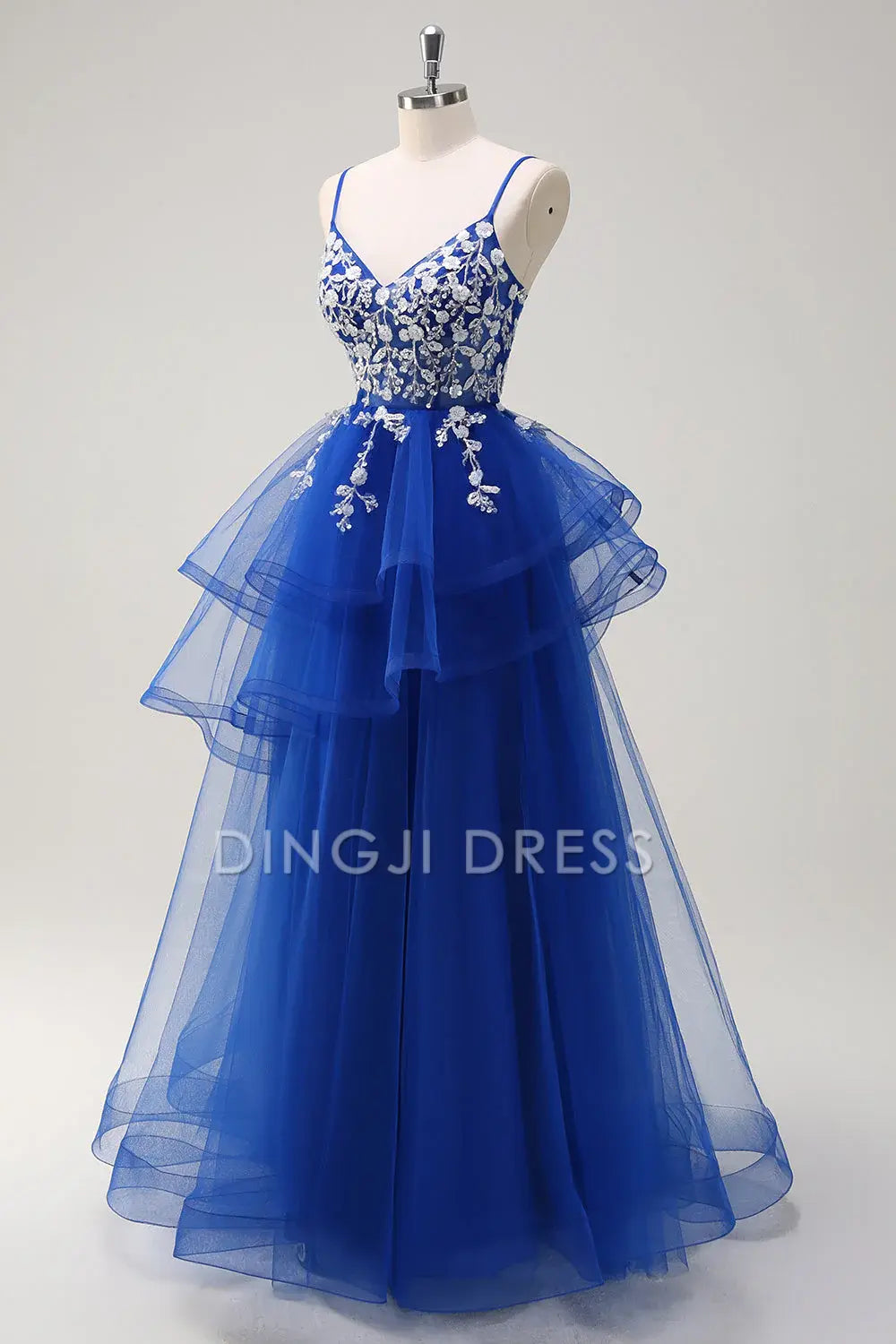 DingJiDress High Quality Dress Evening Dress Gorgeous A-Line V Neck Spaghetti Strap Tiered Long Sequins Appliqued Long Prom Dress