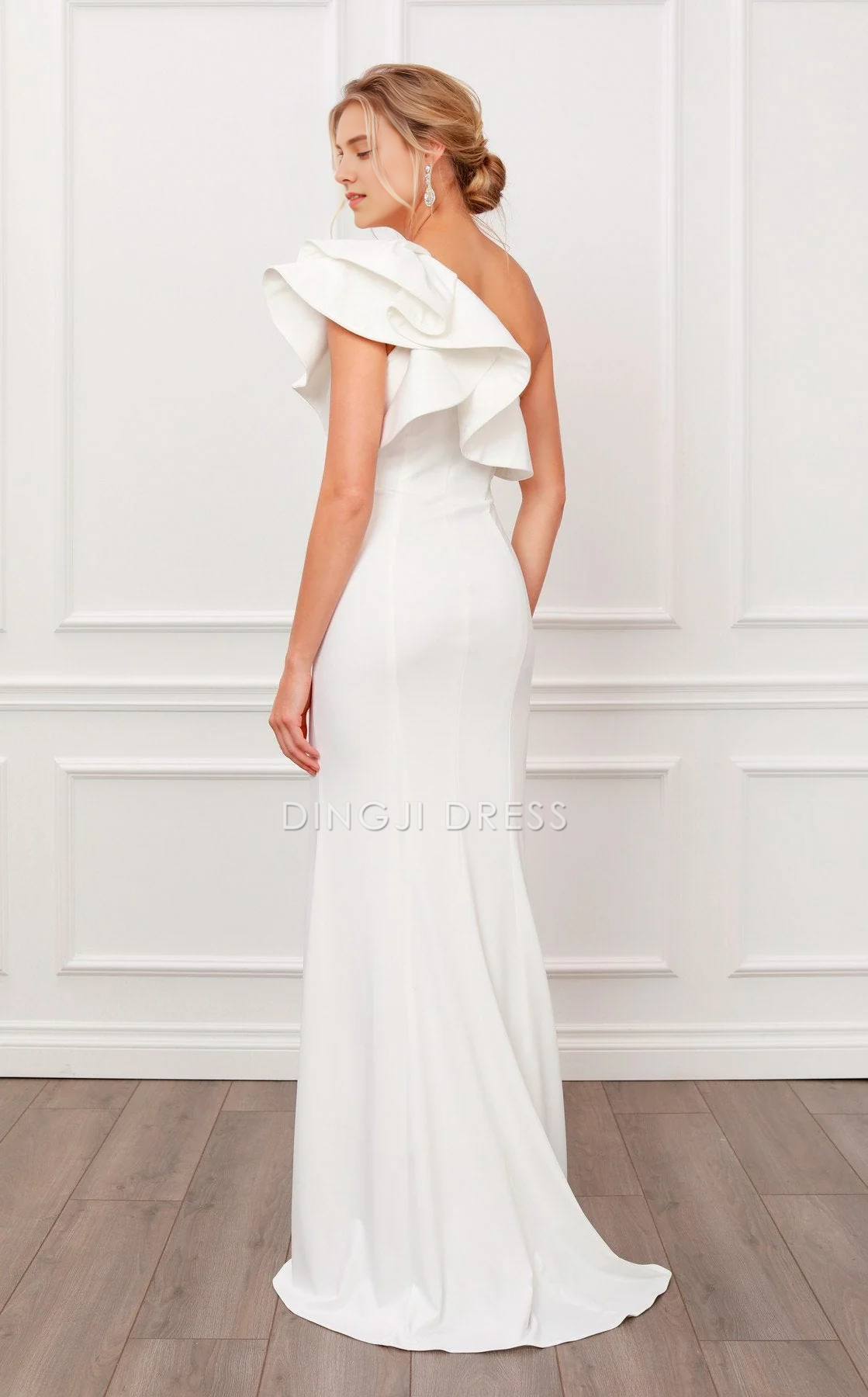 DingJiDress Hot Sale Wedding Dress Exquisite Sheath One-Shoulder Ruched Sleeves Side Fork Elegant Formal Wear Dresses