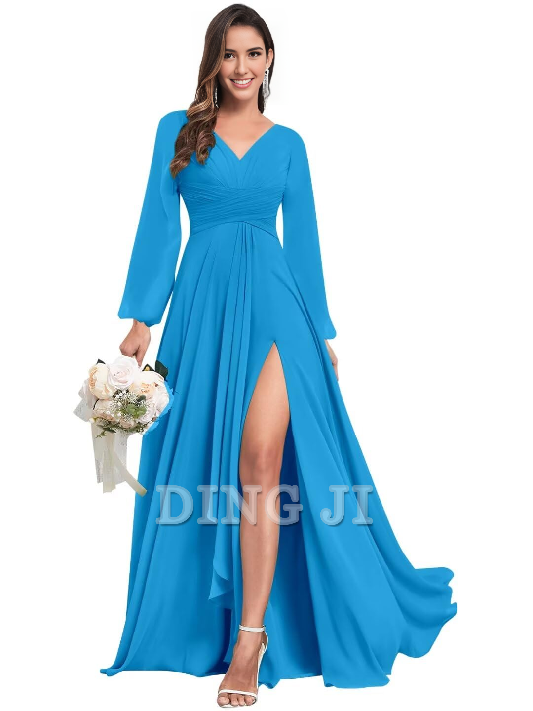 DingJiDress Bridesmaid Dresses Elegant Chiffon Long Sleeves V Neck Ruffle Side Fork Long Formal Wear Dresses