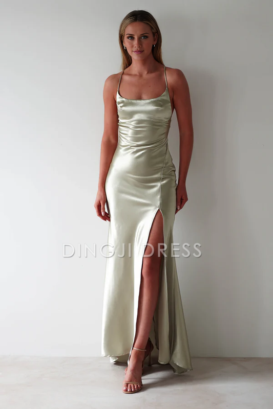 DingJiDress Figure Slimming Slip Dress Straight Neckline Low Back Adjustable Tie Straps Elegant Simple Prom Dress