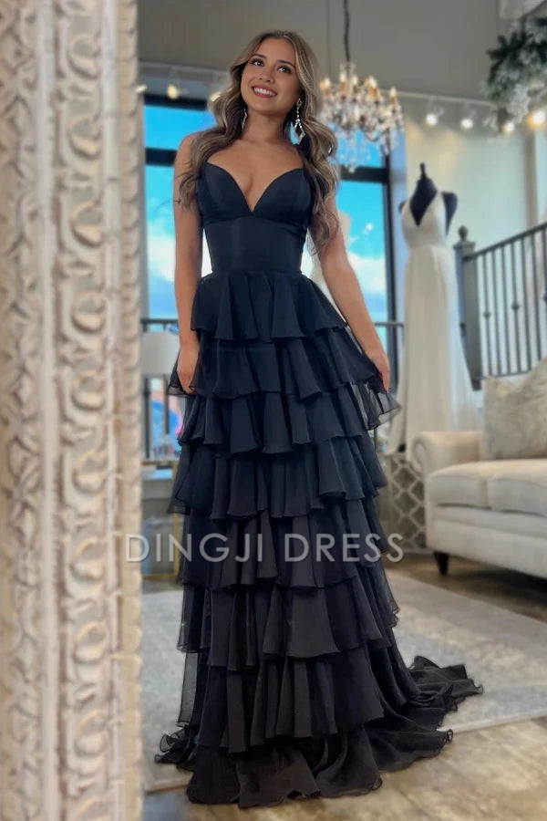 DingJiDress Formal Dress Exquisite A-Line V-Neck Spaghetti Straps Chiffon Tiered Party Fashion Prom Dress