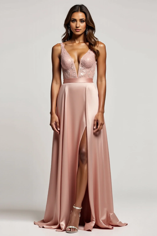 DingJiDress High Quality Dress Exquisite A Line Deep V-Neck Fashion Long With Slit Prom Dress