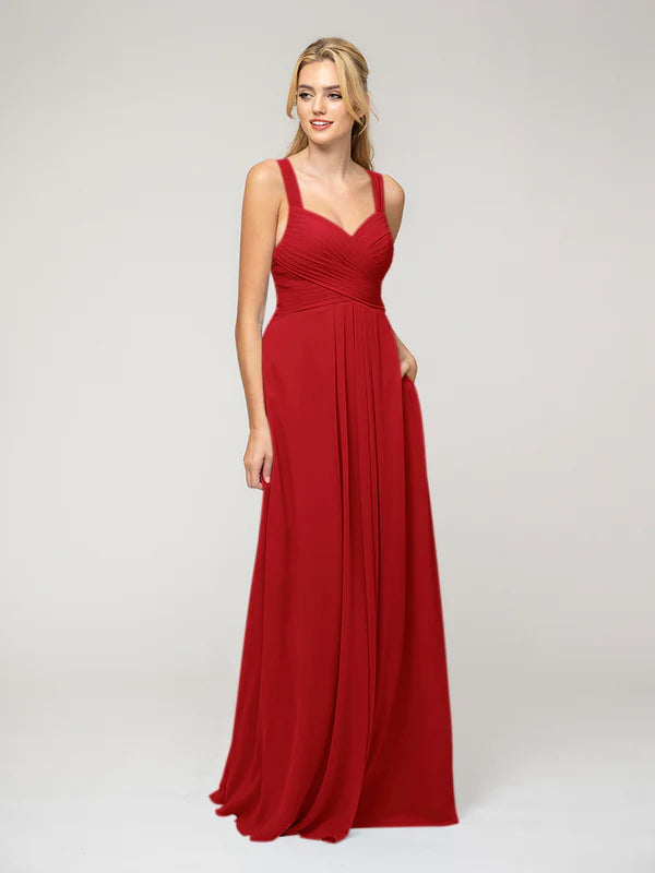 A Line Sweetheart Neckline Chiffon Straps Bridesmaid Dresses With Ribbon