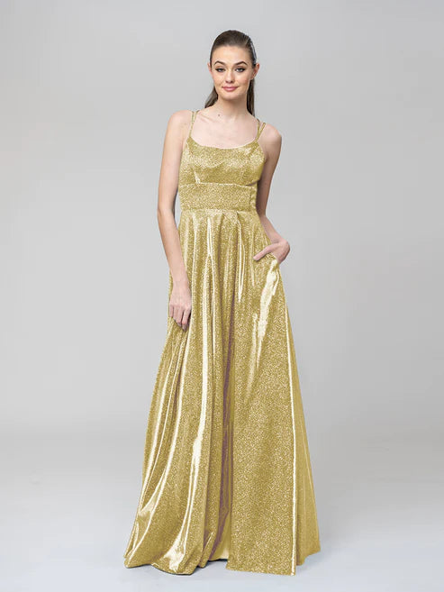 DingJiDress A Line Long Front Slit Metallic Glitter Prom Dresses