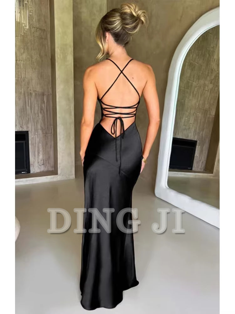 DingJiDress Evening Dress Bandage Backless Elegant Dress Side Fork Spaghetti Strap Slim Cocktail Party Club Fashion Satin Solid Lace-Up Long Dresses Formal Wear Dresses