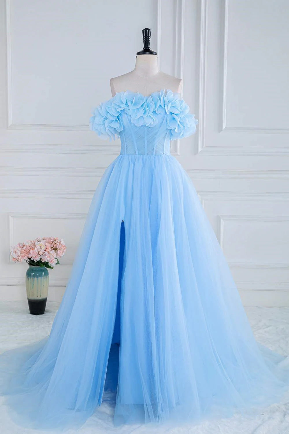 DingJiDress Prom Dresses Off The Shoulder Tulle A Line Slit With Flowers