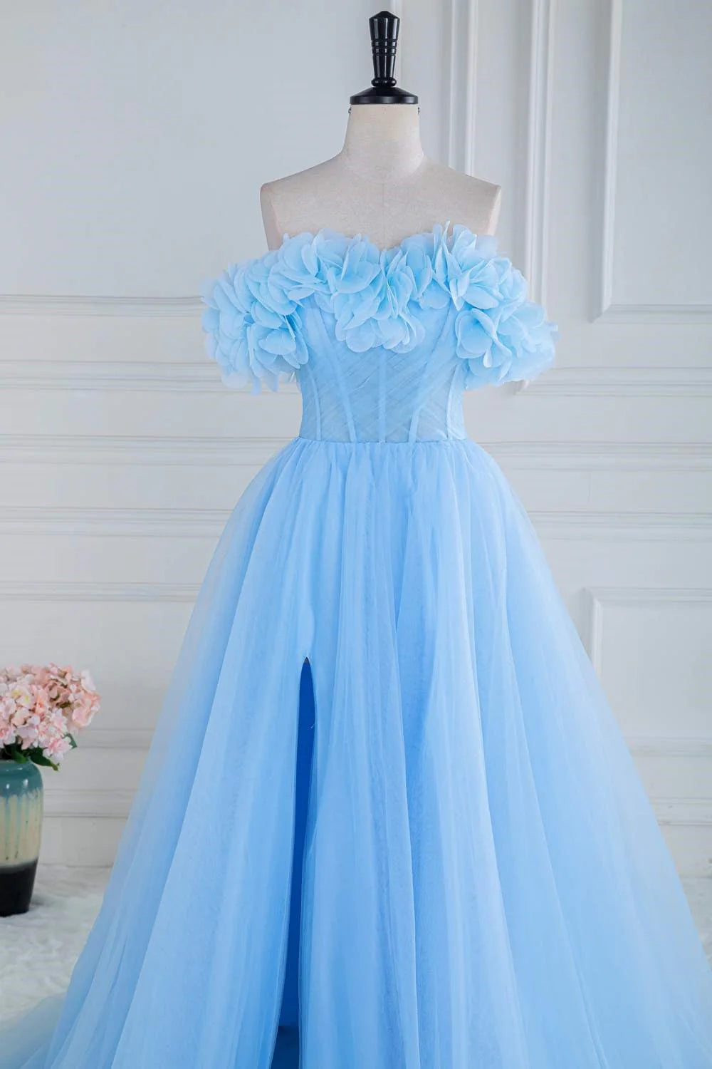 DingJiDress Prom Dresses Off The Shoulder Tulle A Line Slit With Flowers