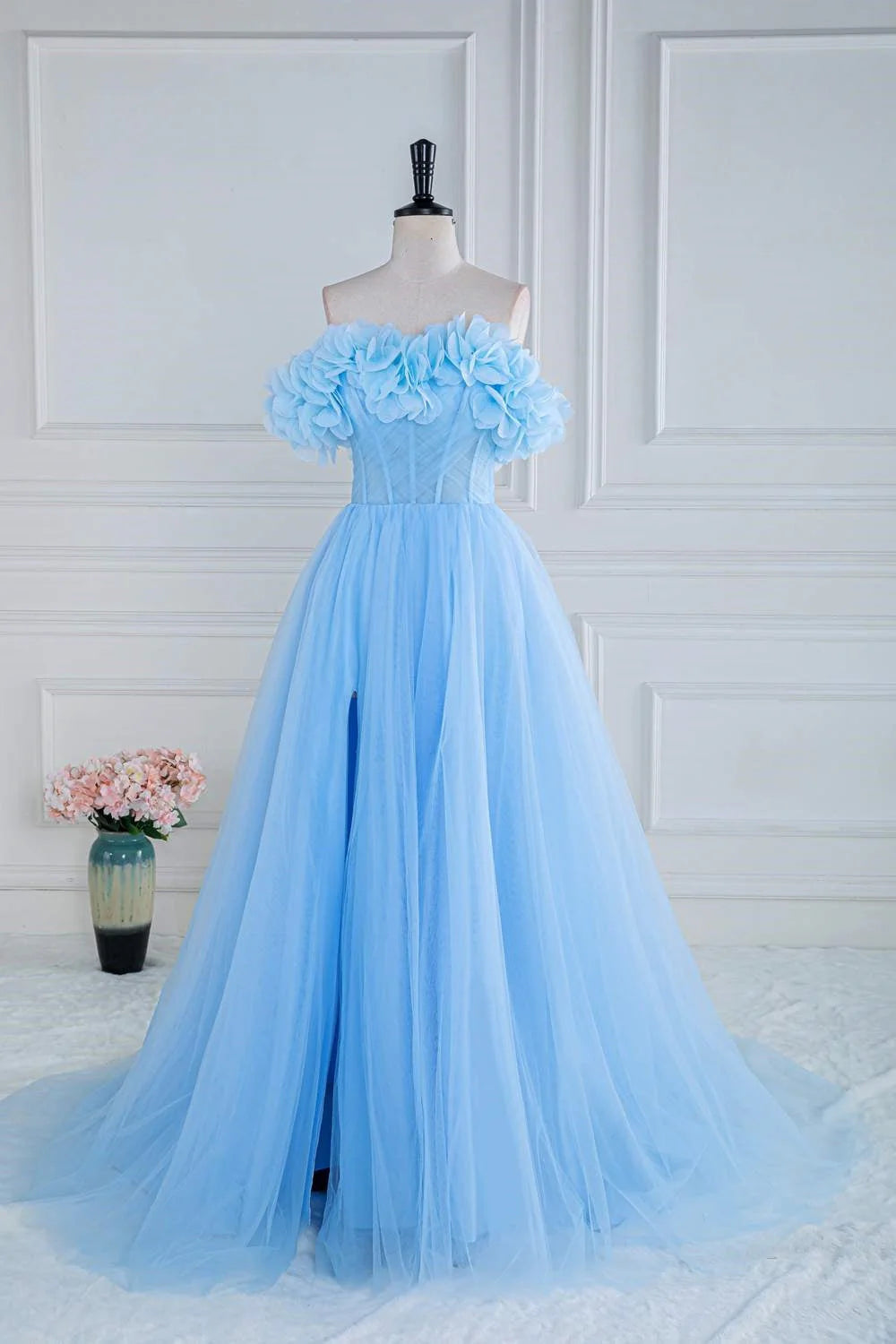 DingJiDress Prom Dresses Off The Shoulder Tulle A Line Slit With Flowers