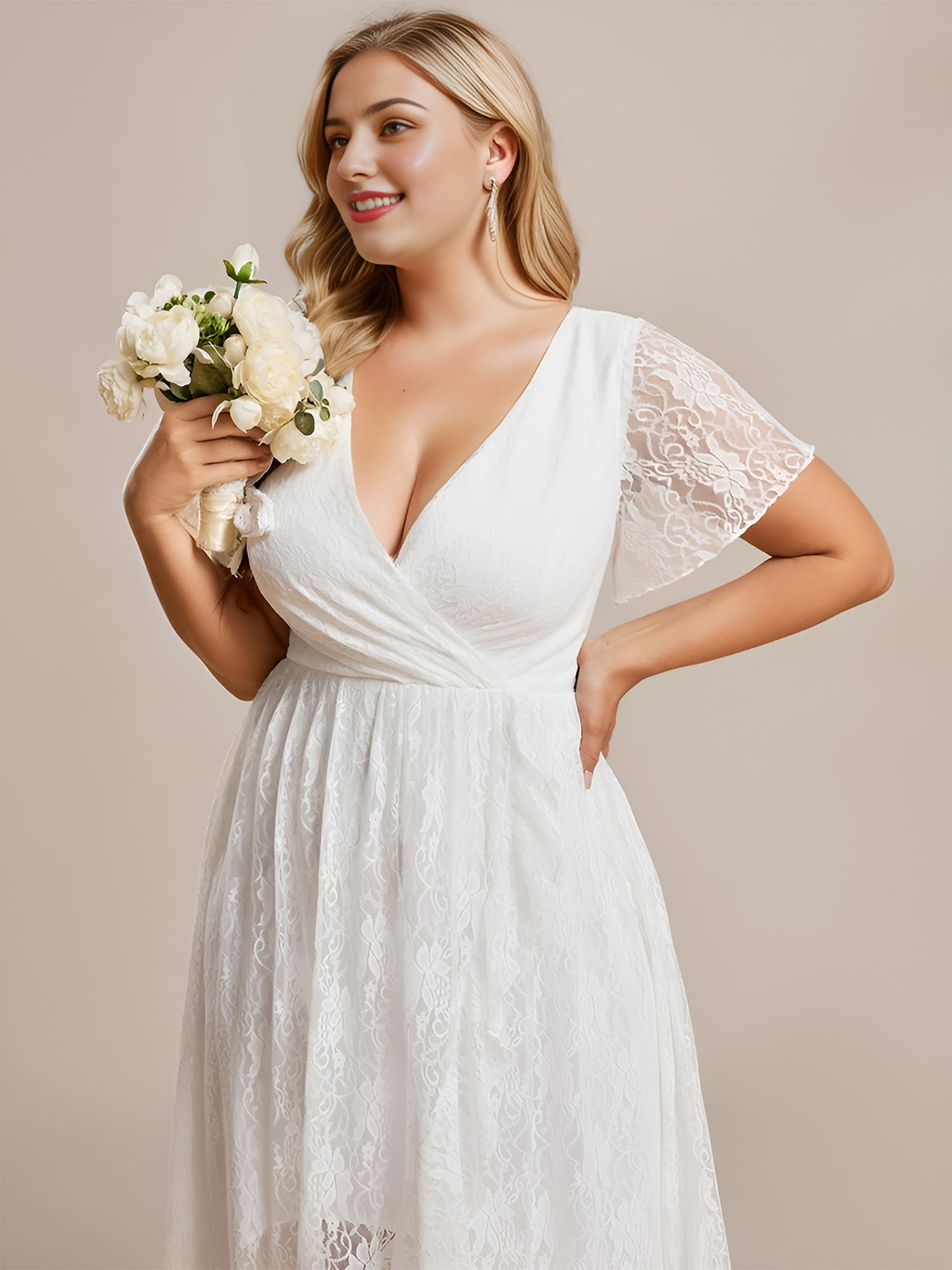 DingJiDress Wedding Dress Princess Lace Short sleeve V Neck  Irregular Plus Size Formal Women's Dresses