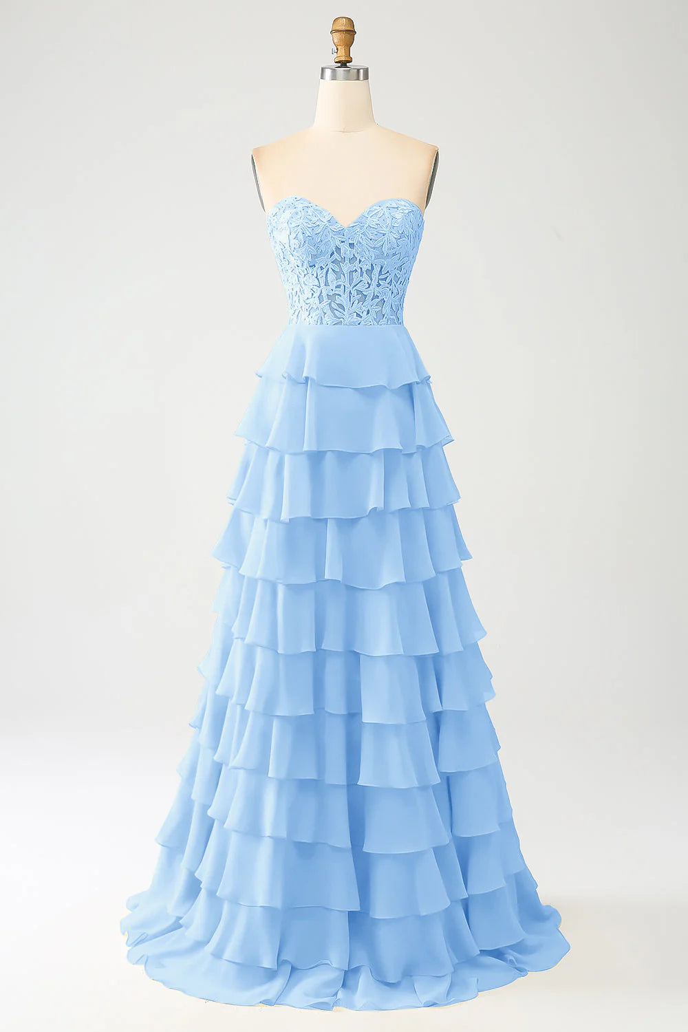 DingJiDress Sky Blue A-Line Sweetheart Tiered Corset Long Prom Dress