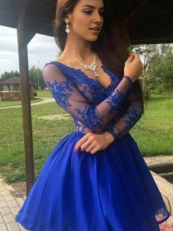 DingJiDress Short Prom Dress A-Line Satin Long Sleeves Cokctail Dresses Lace Applique Fashion Best Selling Homecoming Dress