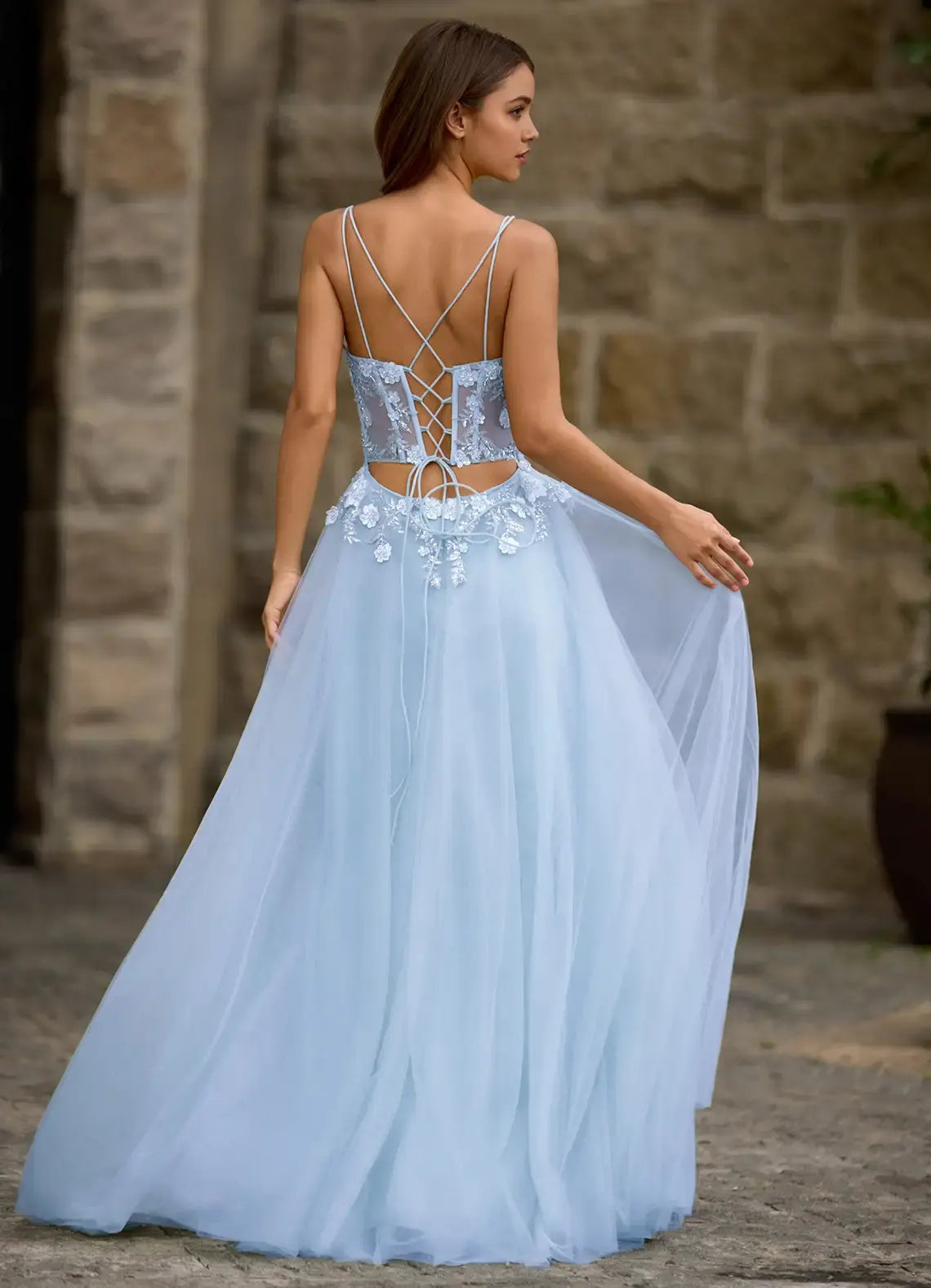 Blue Fashion A-line Spaghetti Strap Deep V Neck Bead String Flower Backless Exquisite Affordable Formal Dress Exquisite Prom Dress
