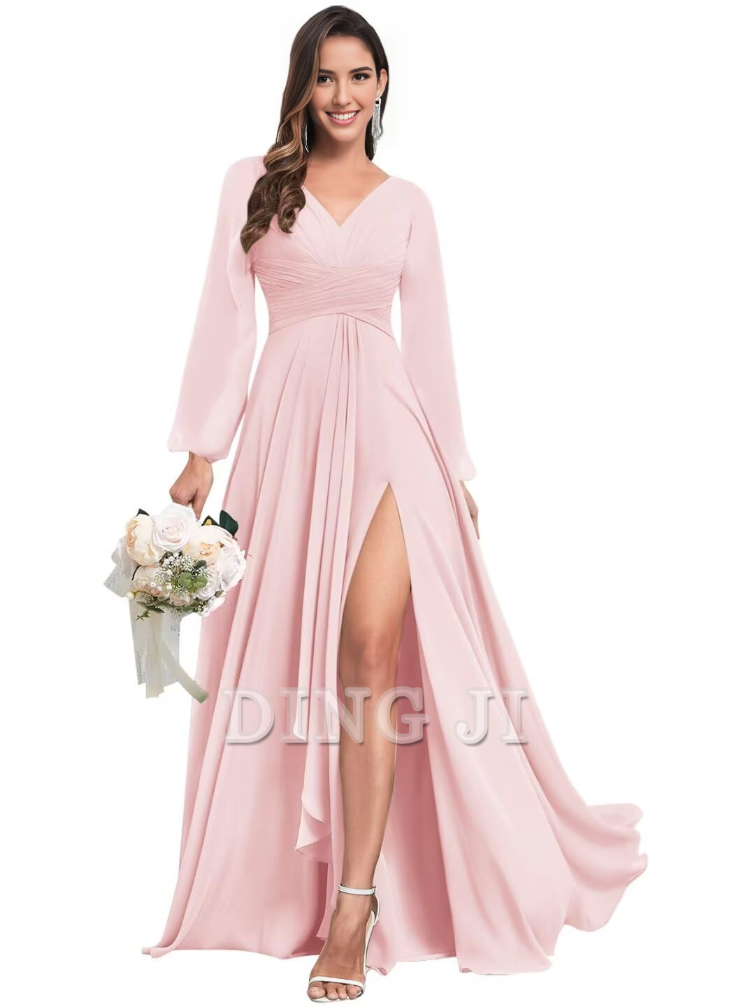 DingJiDress Bridesmaid Dresses Elegant Chiffon Long Sleeves V Neck Ruffle Side Fork Long Formal Wear Dresses
