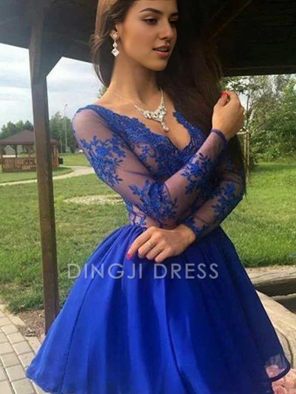 DingJiDress Short Prom Dress A-Line Satin Long Sleeves Cokctail Dresses Lace Applique Fashion Best Selling Homecoming Dress