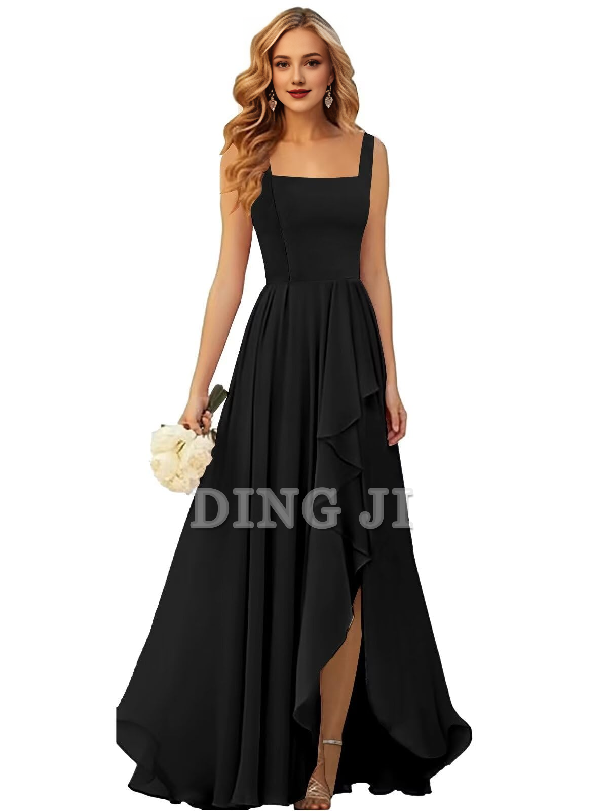 DingJiDress Bridesmaid Dresses Ruffle Square Neck Elegant Simple Side Fork Long Formal Wear Dresses