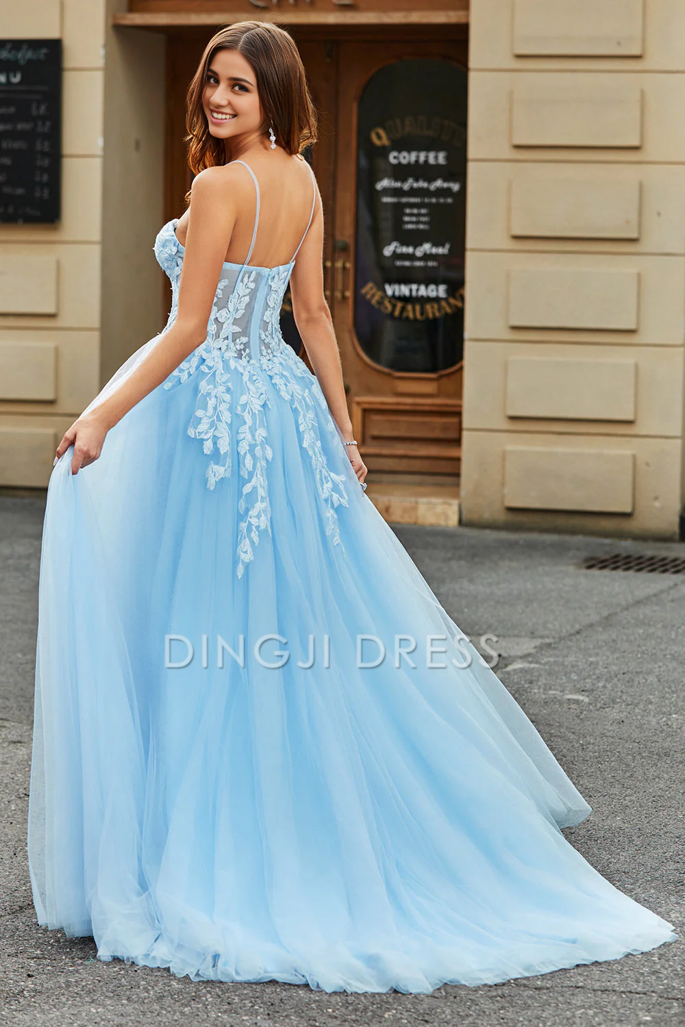 DingJiDress High Quality Dress Tulle A-Line Spaghetti Straps Corset With Appliques Side Fork Long Romantic Prom Dress
