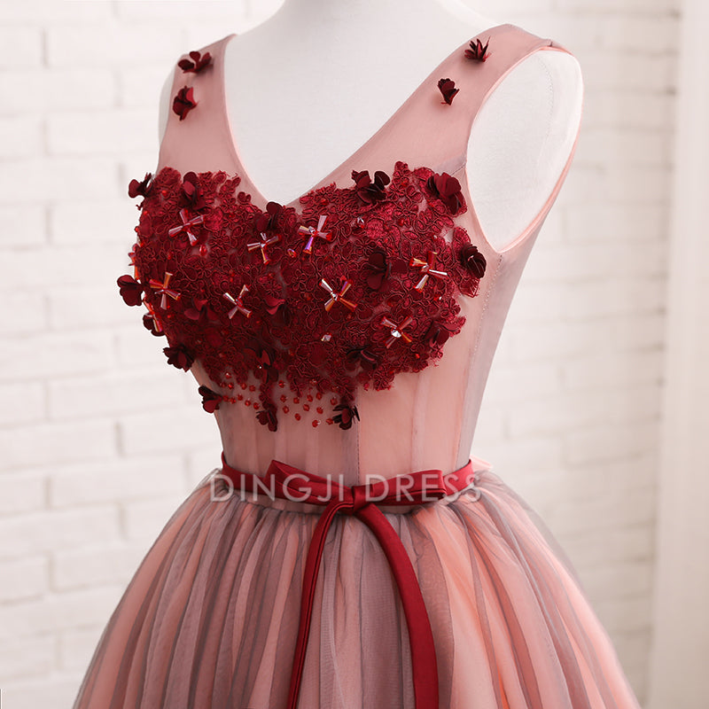 DingJiDress Short Prom Dress A Line V Neck Sleeveless Tulle Flowers Fashion Best Selling Homecoming Dress