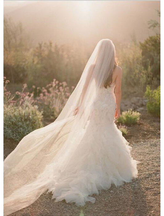 Ding Ji One-tier Cut Edge Wedding Veil Chapel Veils with Flower Comb Tulle Angel cut Waterfall Fantastic Hot Sale Veil