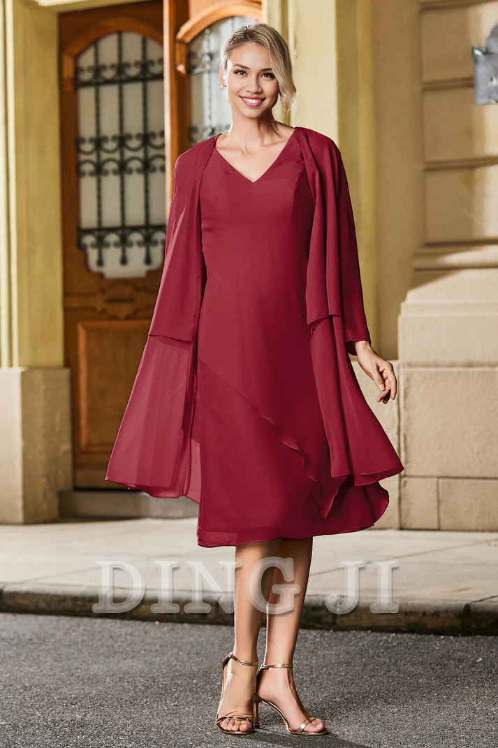DingJiDress Mother of the Bride Dresses V-neck Knee-Length Two Piece Set Chiffon Dress With Jacket Elegant Dresses Wedding Guests Dresses