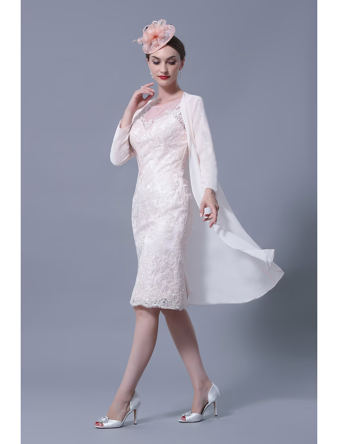 Two Piece Mother of the Bride Dress Church Elegant Jewel Neck Knee Length Lace Sleeve with Embroidery