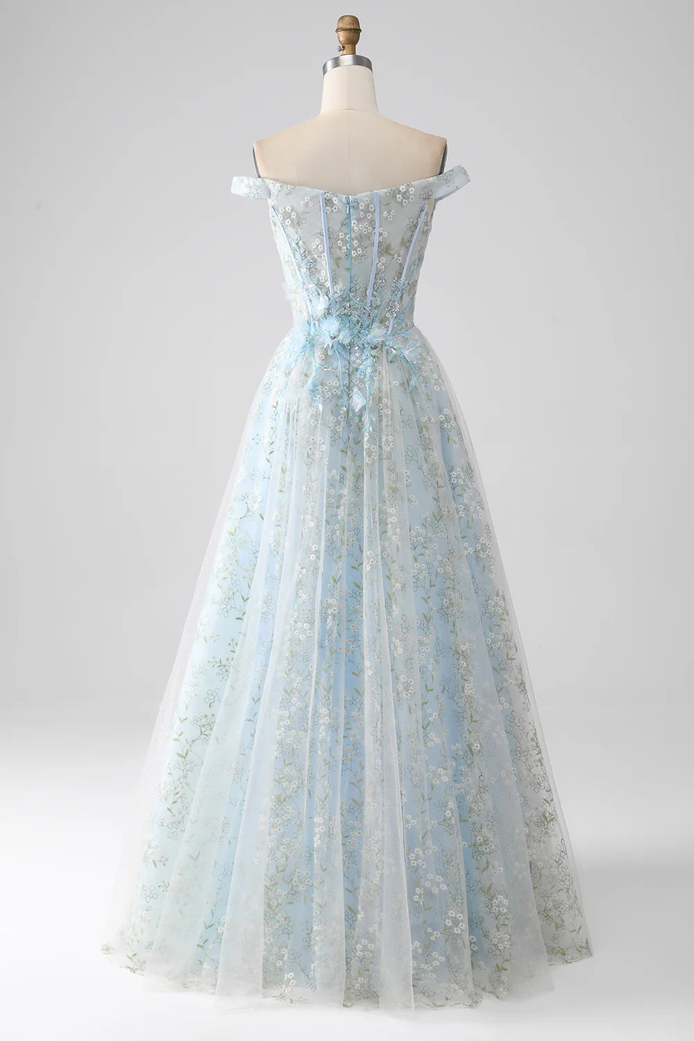 DingJiDress Light Blue A-Line Off the Shoulder Long Corset Prom Dress