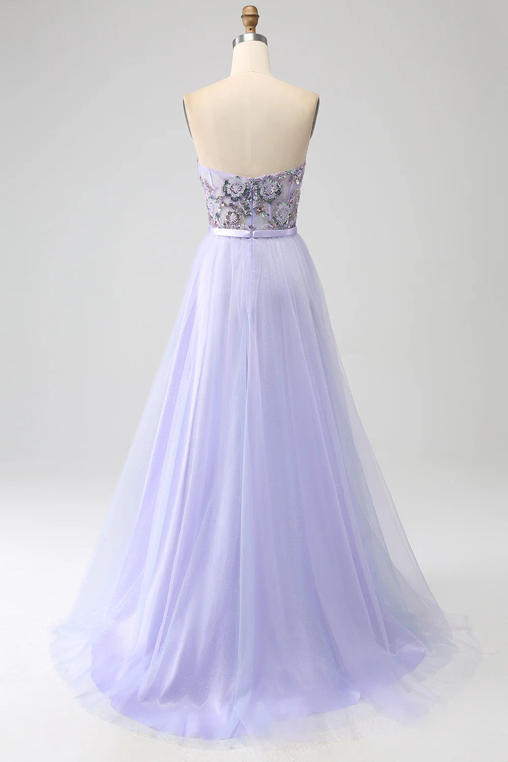 DingJiDress Lavender A Line Tulle Corset Prom Dress with Slit