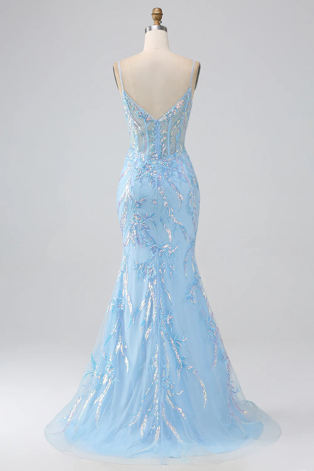 DingJiDress Sparkly Light Blue Mermaid Spaghetti Straps Long Prom Dress With Beading