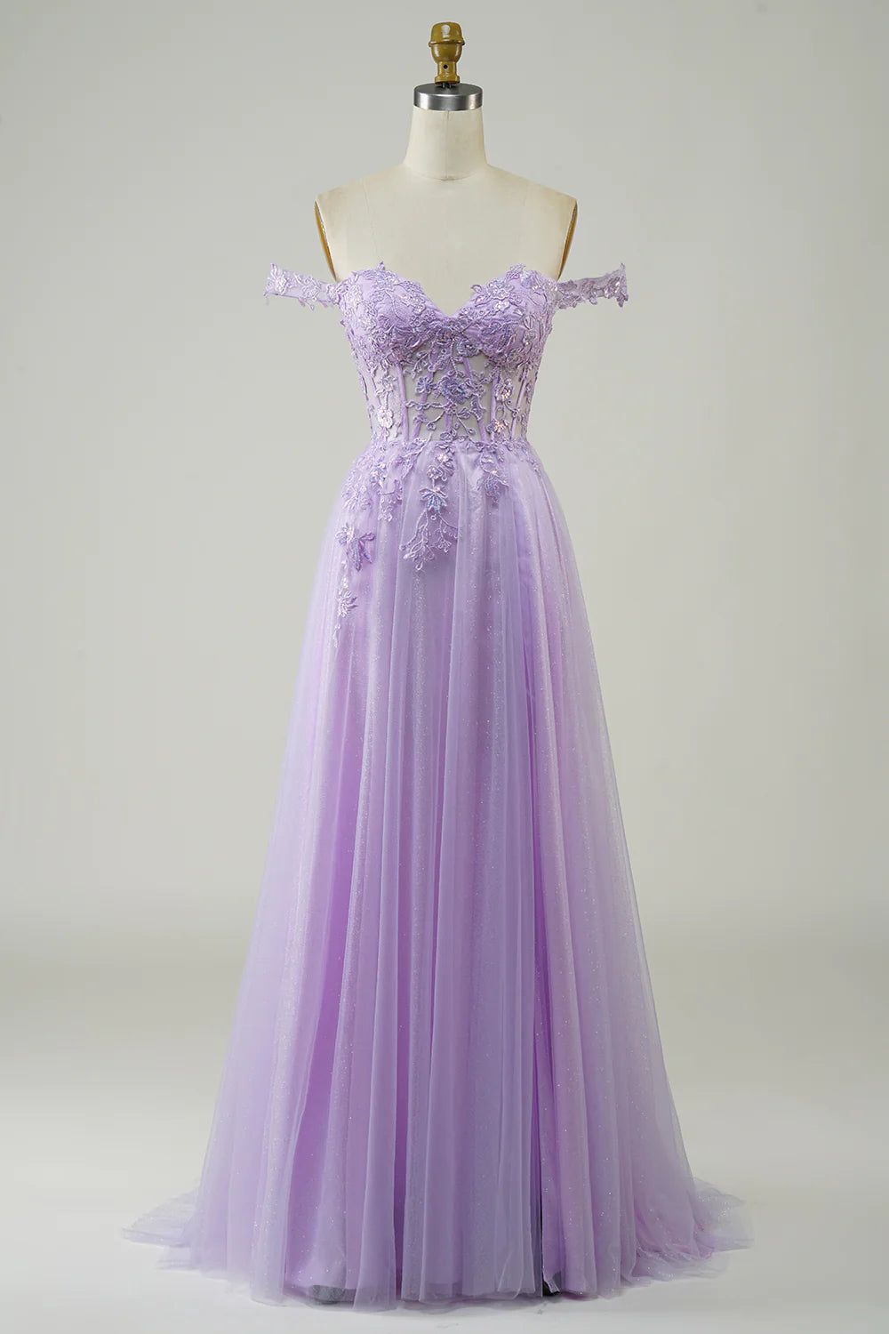 DingJiDress Purple Corset A-Line Long Tulle Prom Dress with Lace