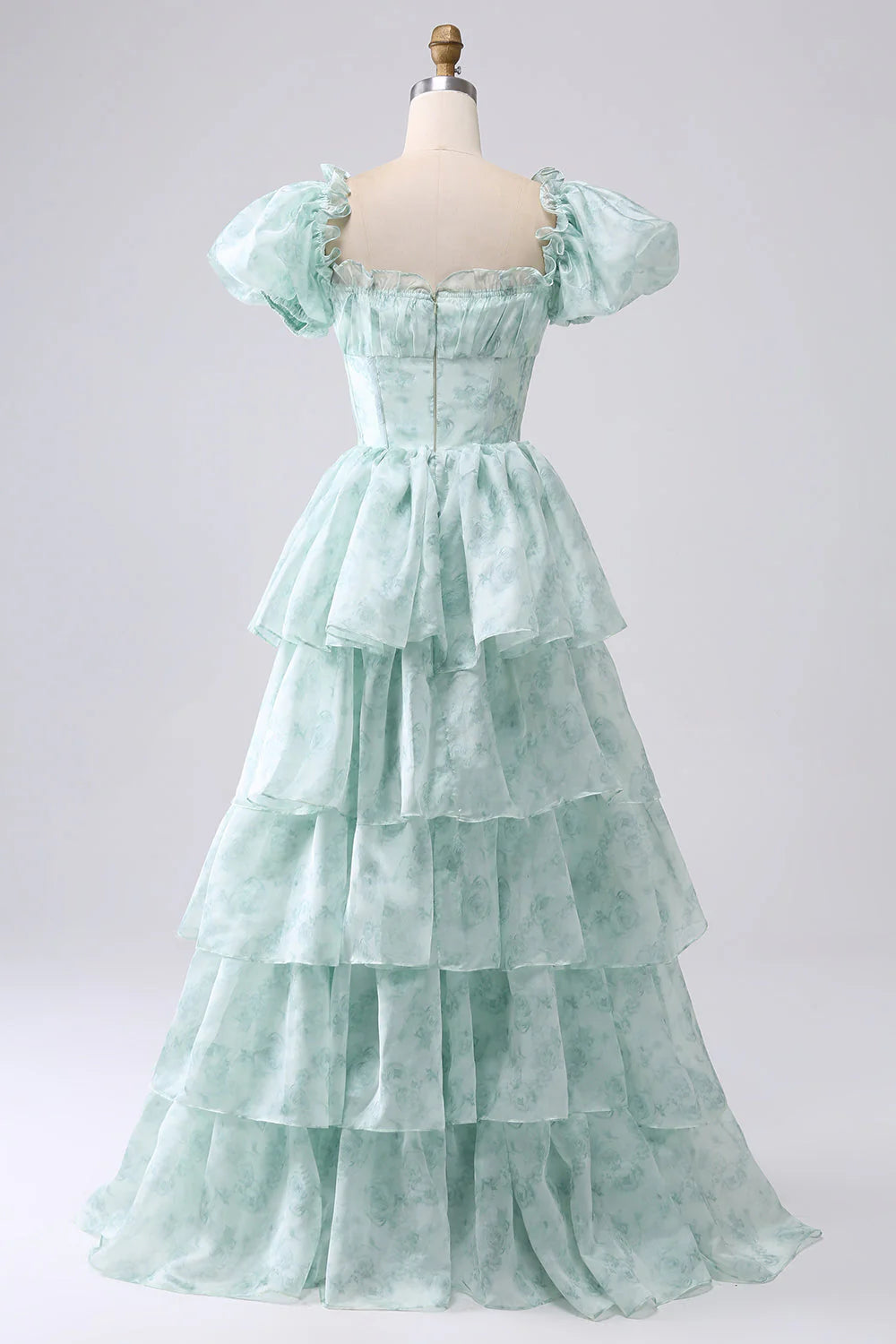 DingJiDress Green A Line Square Neck Tiered Long Prom Dress with Ruffles