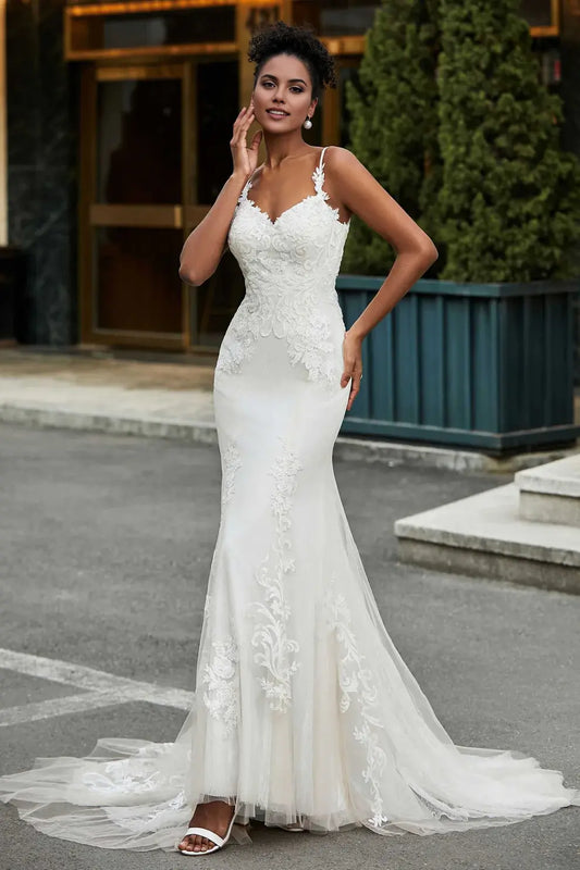 Tulle Charming Mermaid Spaghetti Straps Sweetheart Neckline Lace Applique Backless Affordable Hot Sale Wedding Dress