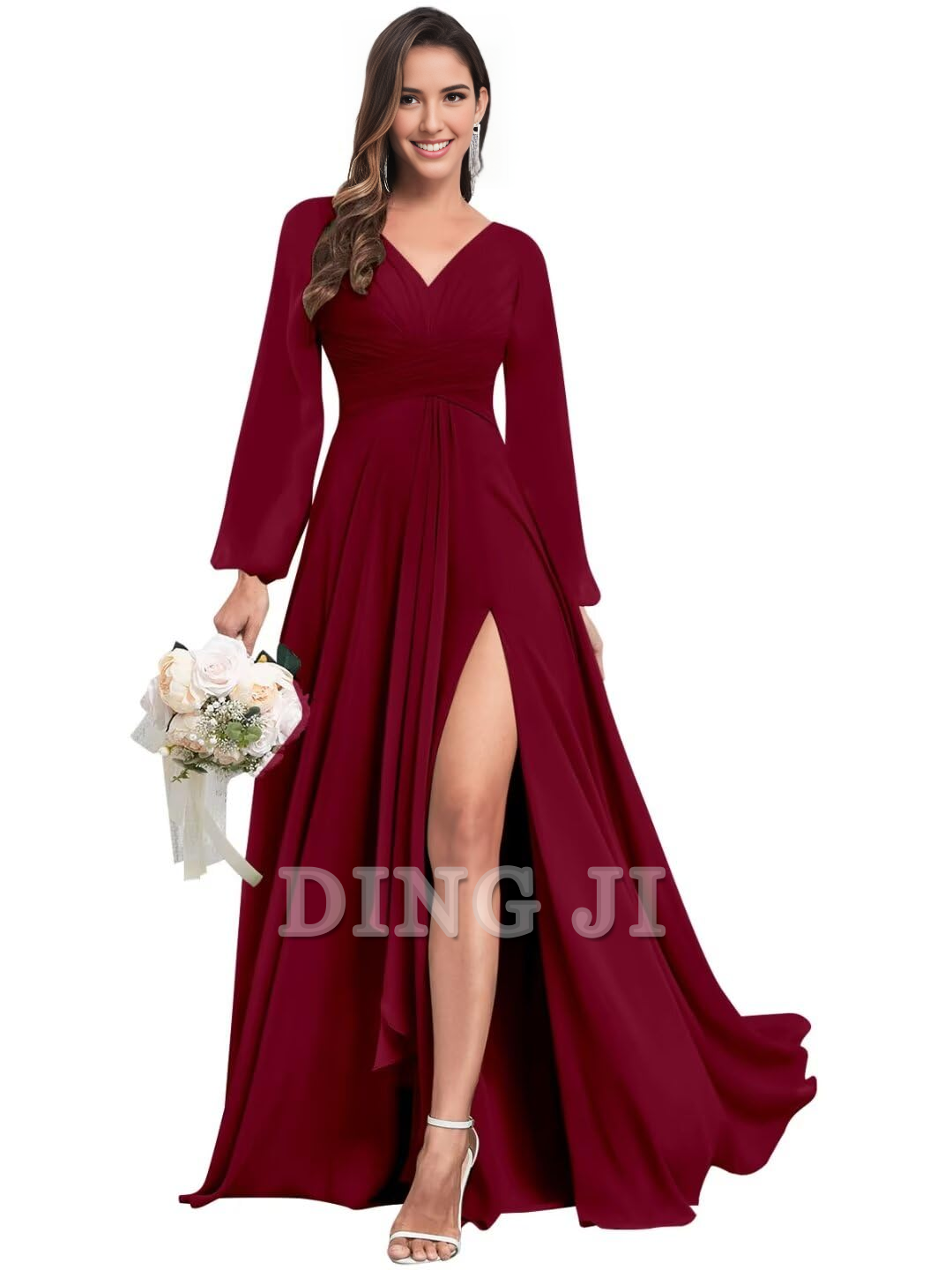 DingJiDress Bridesmaid Dresses Elegant Chiffon Long Sleeves V Neck Ruffle Side Fork Long Formal Wear Dresses