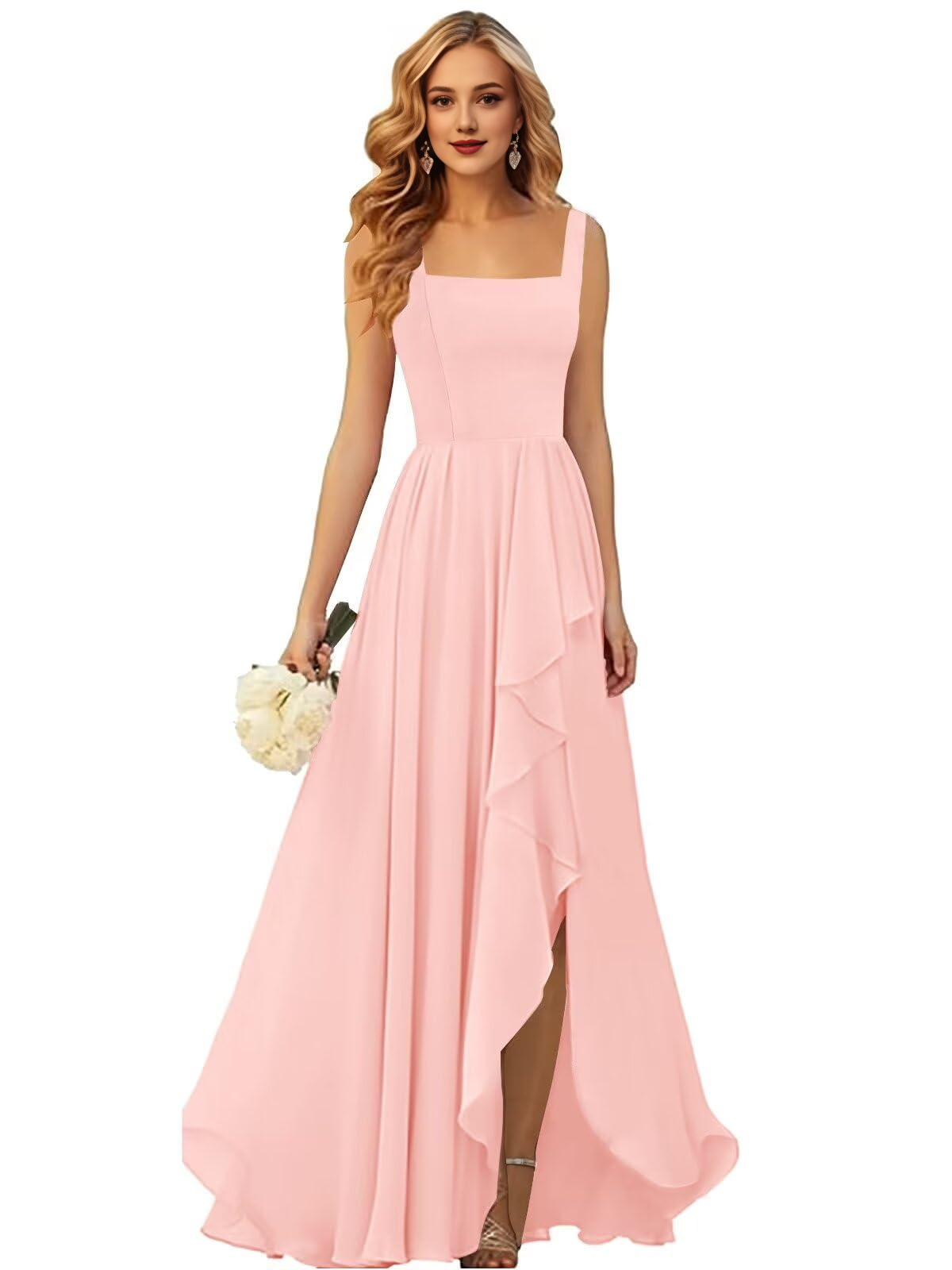 DingJiDress Bridesmaid Dresses Ruffle Square Neck Elegant Simple Side Fork Long Formal Wear Dresses